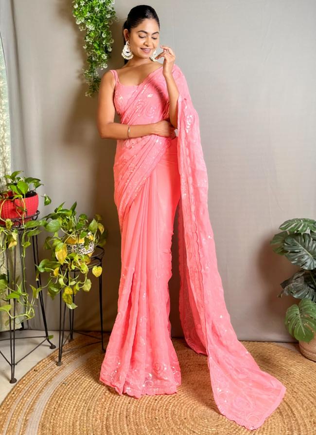 Shimmer Silk Peach Casual Wear Sequence Work Saree